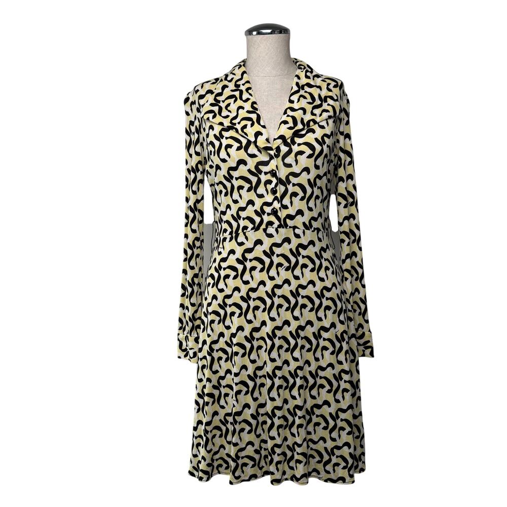 Milly Silk Jersey Shirt Dress Retro Geo Print Long Sleeve Fit Flare A-Line Y2K